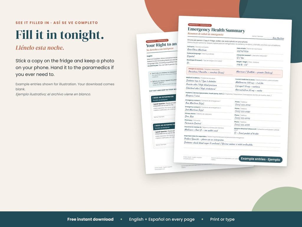 Free Emergency Health Kit: emergency summary filled in with sample details, English and Spanish