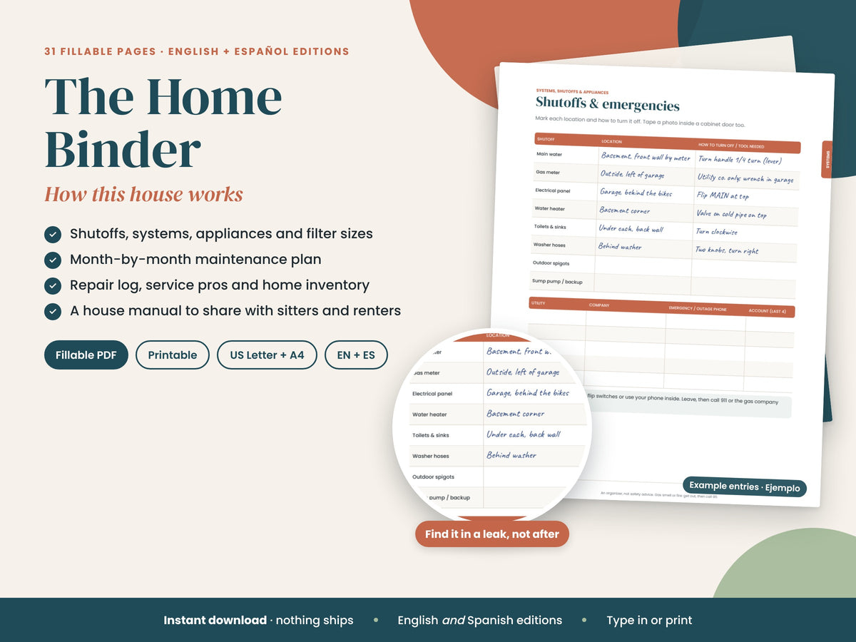 The Home Binder, a fillable bilingual house manual and home maintenance organizer, showing the shutoffs page with example entries