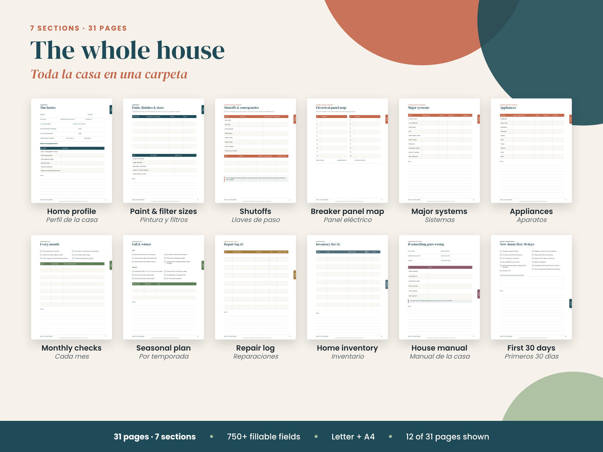 12 of the 31 Home Binder pages: home profile, paint and filter sizes, shutoffs, breaker panel map, systems, appliances, maintenance, repair log, inventory, house manual, first 30 days