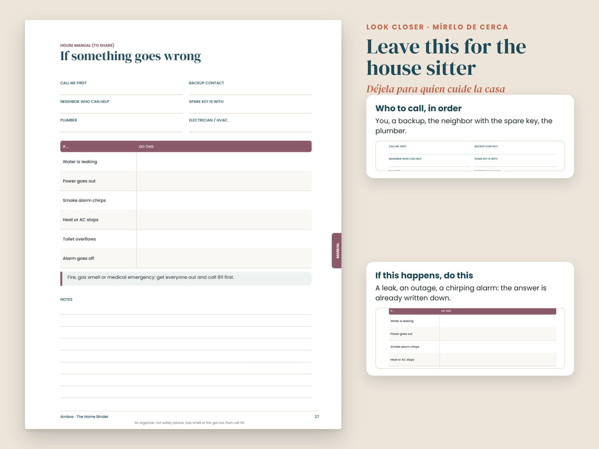 Close-up of the If something goes wrong page for house sitters
