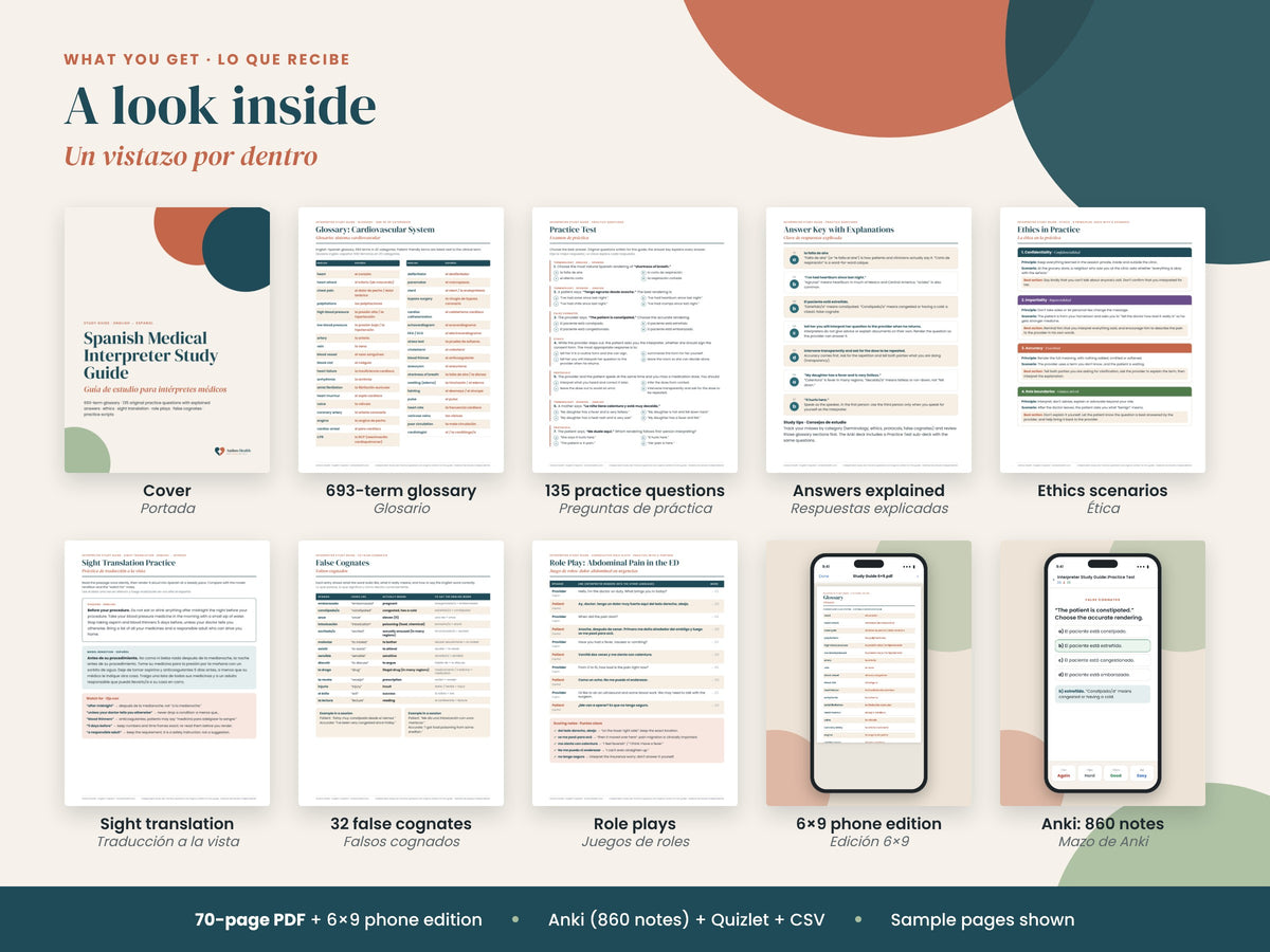 Spanish Medical Interpreter Study Guide: what's included: glossary, 135 questions, role plays, deck, English and Spanish