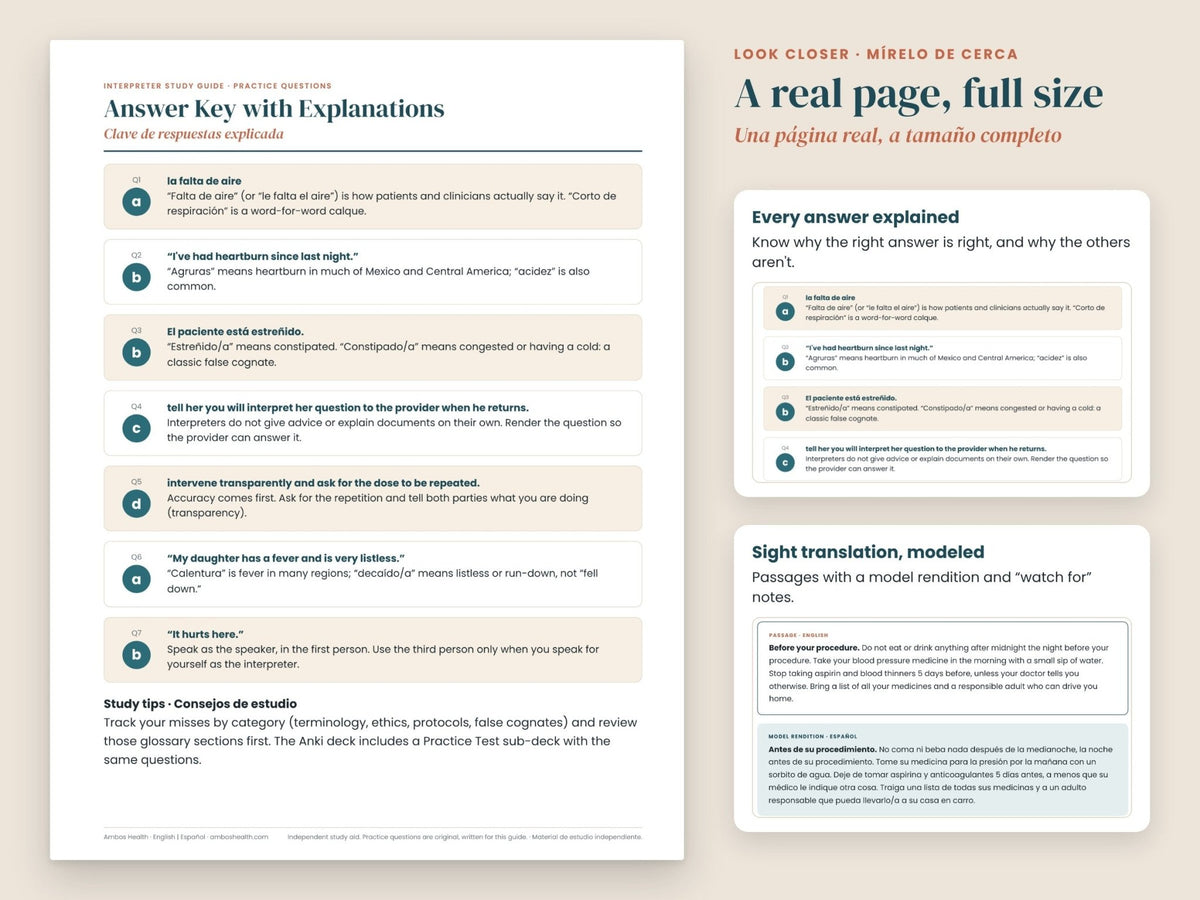 Spanish Medical Interpreter Study Guide: close-up of glossary entries by category, English and Spanish