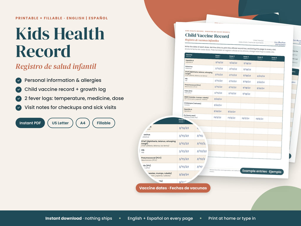 Kids Health Record: vaccine record and fever log pages, English and Spanish