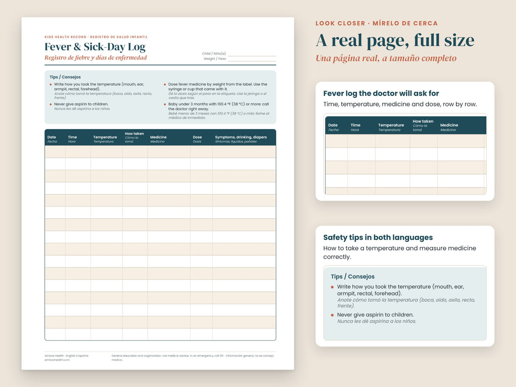 Kids Health Record: close-up of the fever log columns, English and Spanish