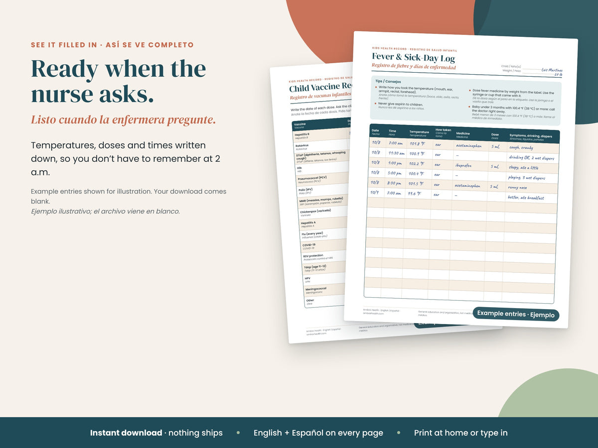 Kids Health Record: vaccine record filled in with sample dates, English and Spanish