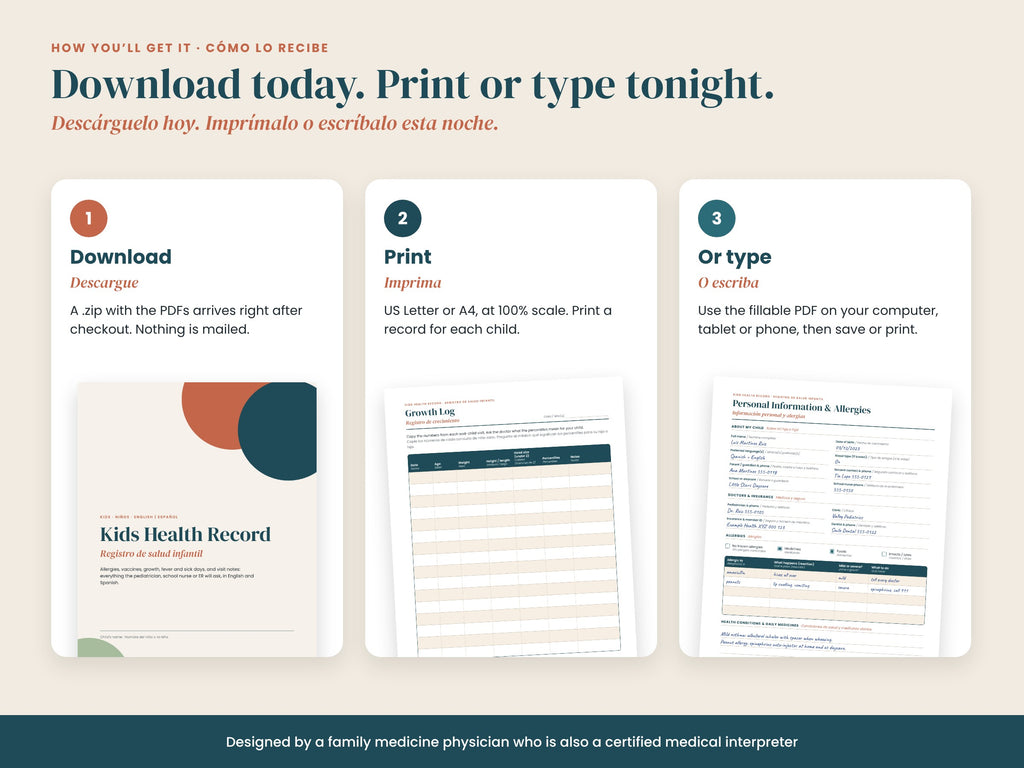 Kids Health Record: download, print or type: Letter, A4 and fillable PDF, English and Spanish