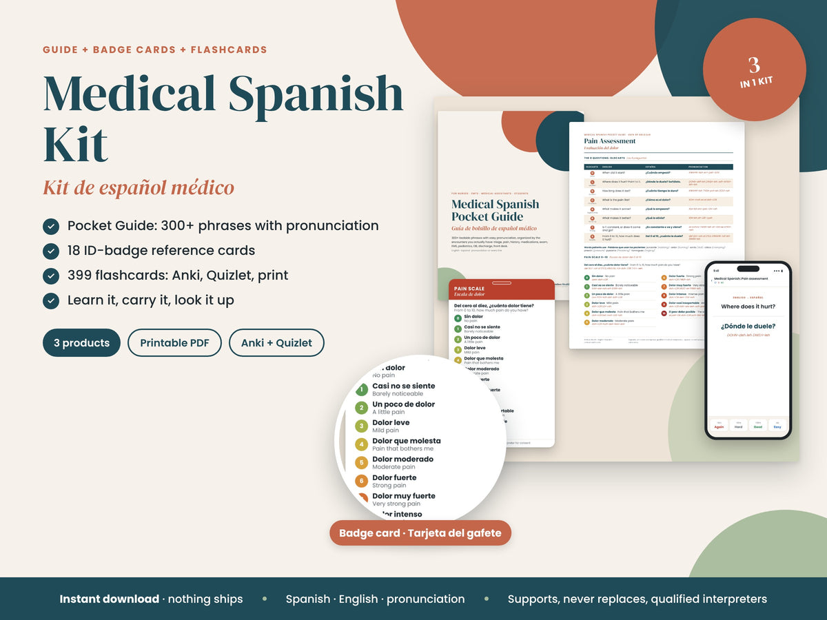 Medical Spanish Kit: pocket guide, badge cards and flashcards, English and Spanish