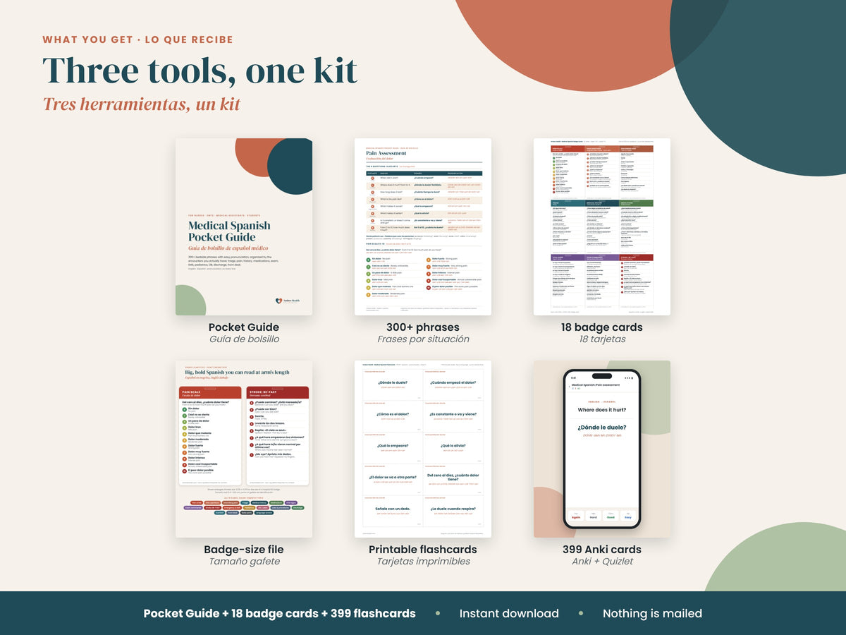 Medical Spanish Kit: what's included: 300+ phrase guide, 18 cards, 399 flashcards, English and Spanish