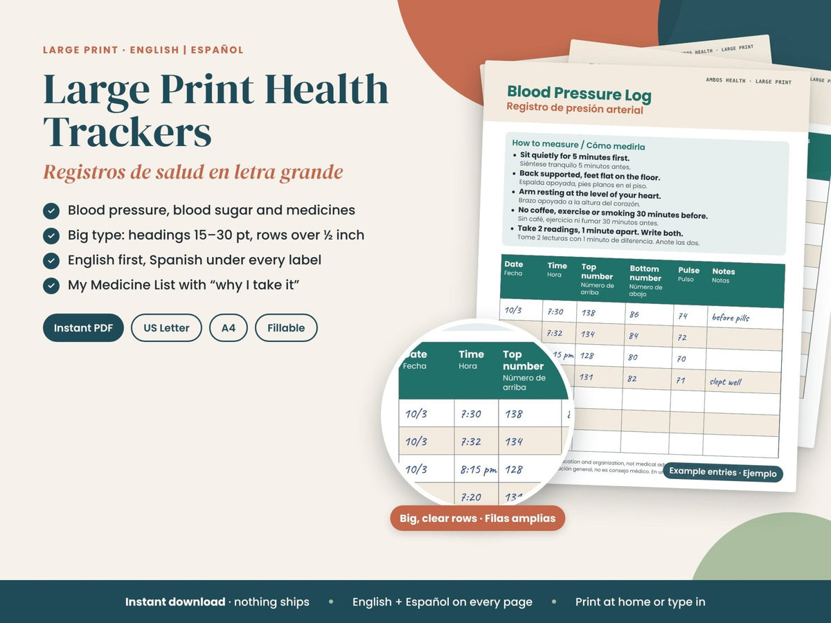 Large Print Health Trackers: big-type blood pressure and medication pages, English and Spanish
