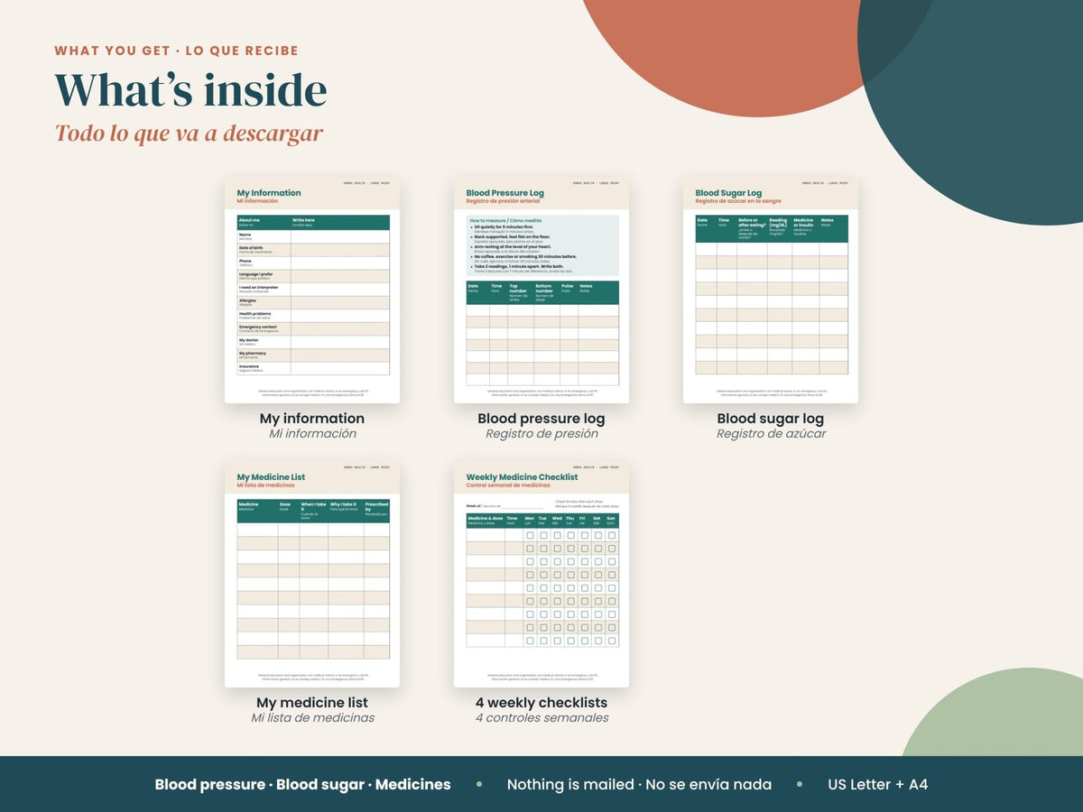 Large Print Health Trackers: what's included: BP, blood sugar and medicine trackers, English and Spanish