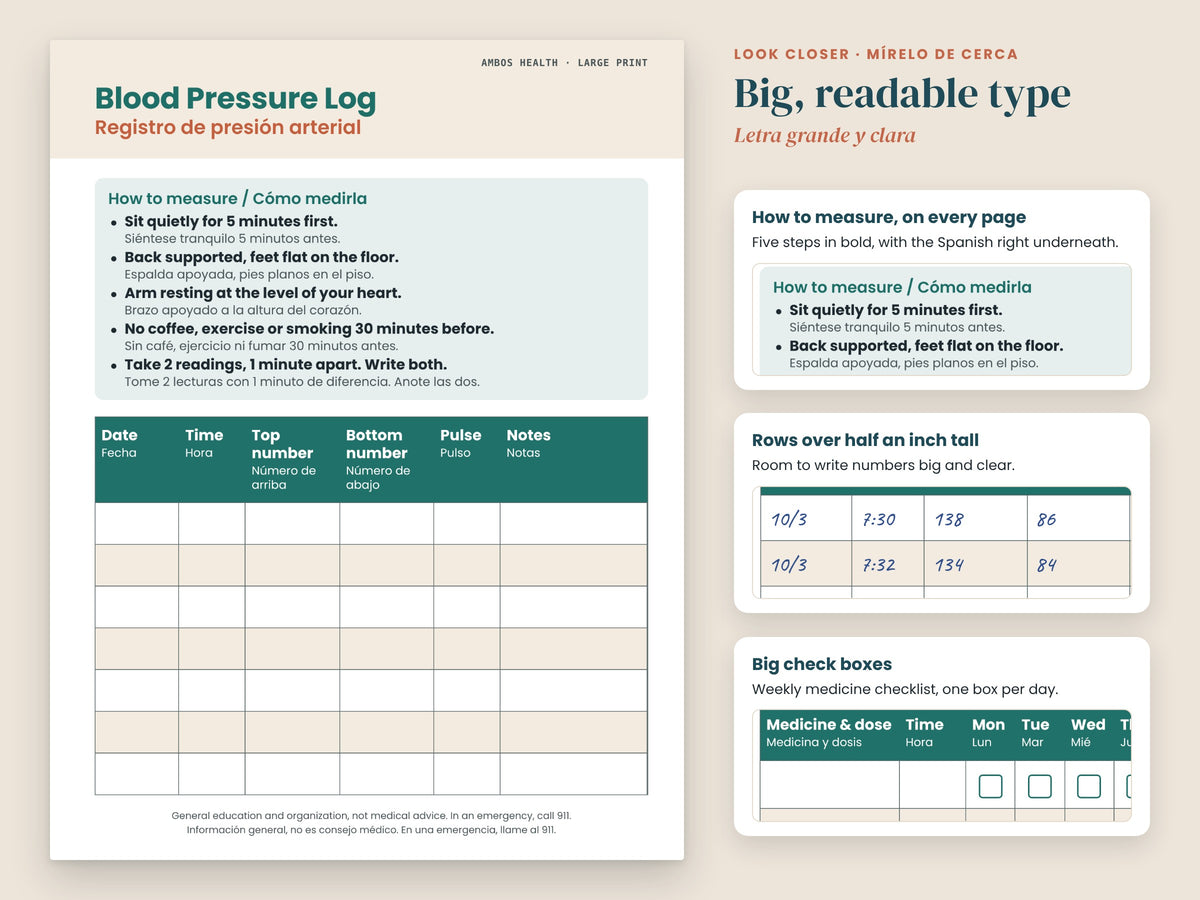 Large Print Health Trackers: close-up of large print headings and roomy rows, English and Spanish