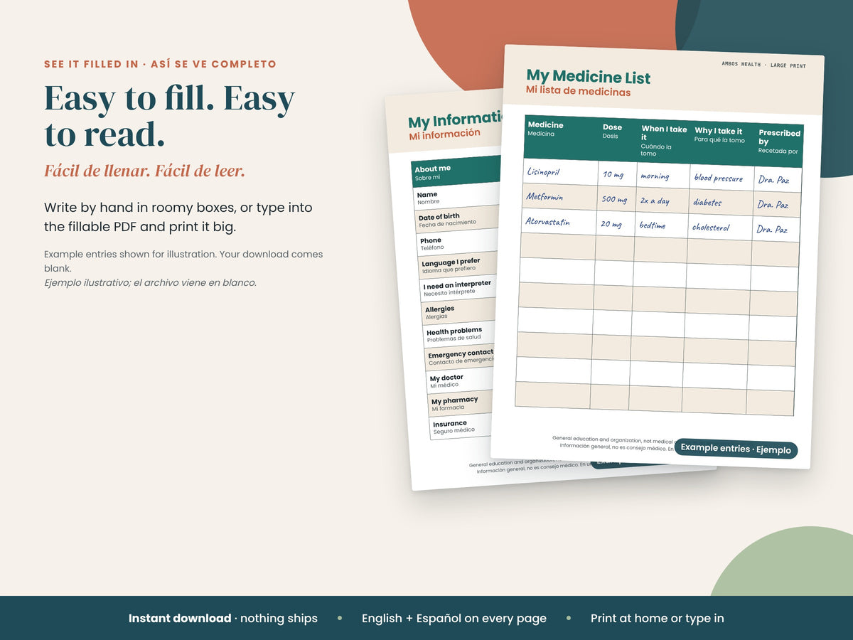 Large Print Health Trackers: large print log filled in with sample readings, English and Spanish