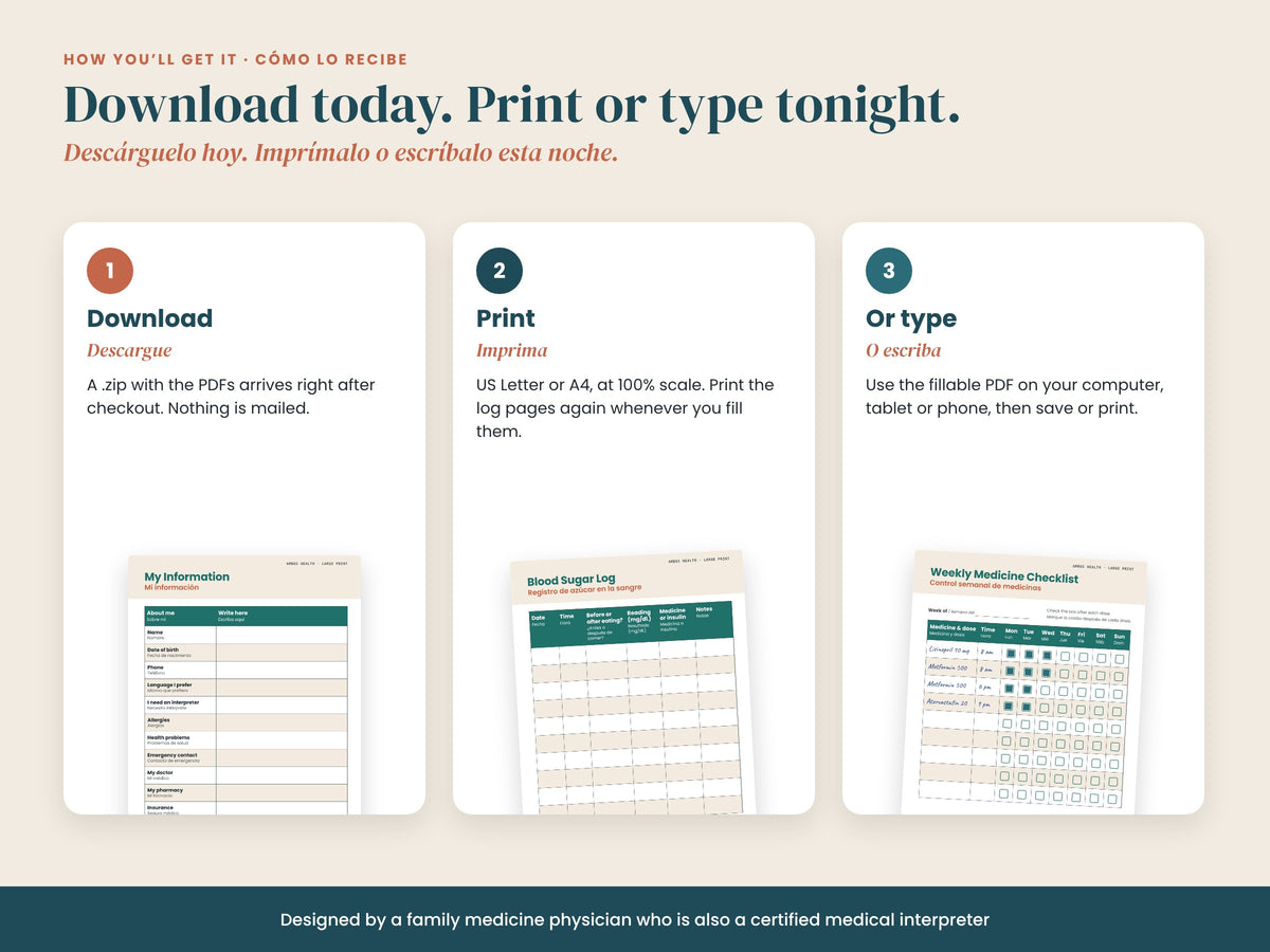 Large Print Health Trackers: download, print or type: Letter, A4 and fillable PDF, English and Spanish