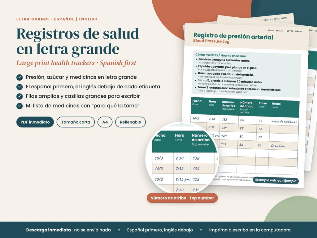 Registros en Letra Grande: registros de salud en letra grande con el español primero y el inglés debajo