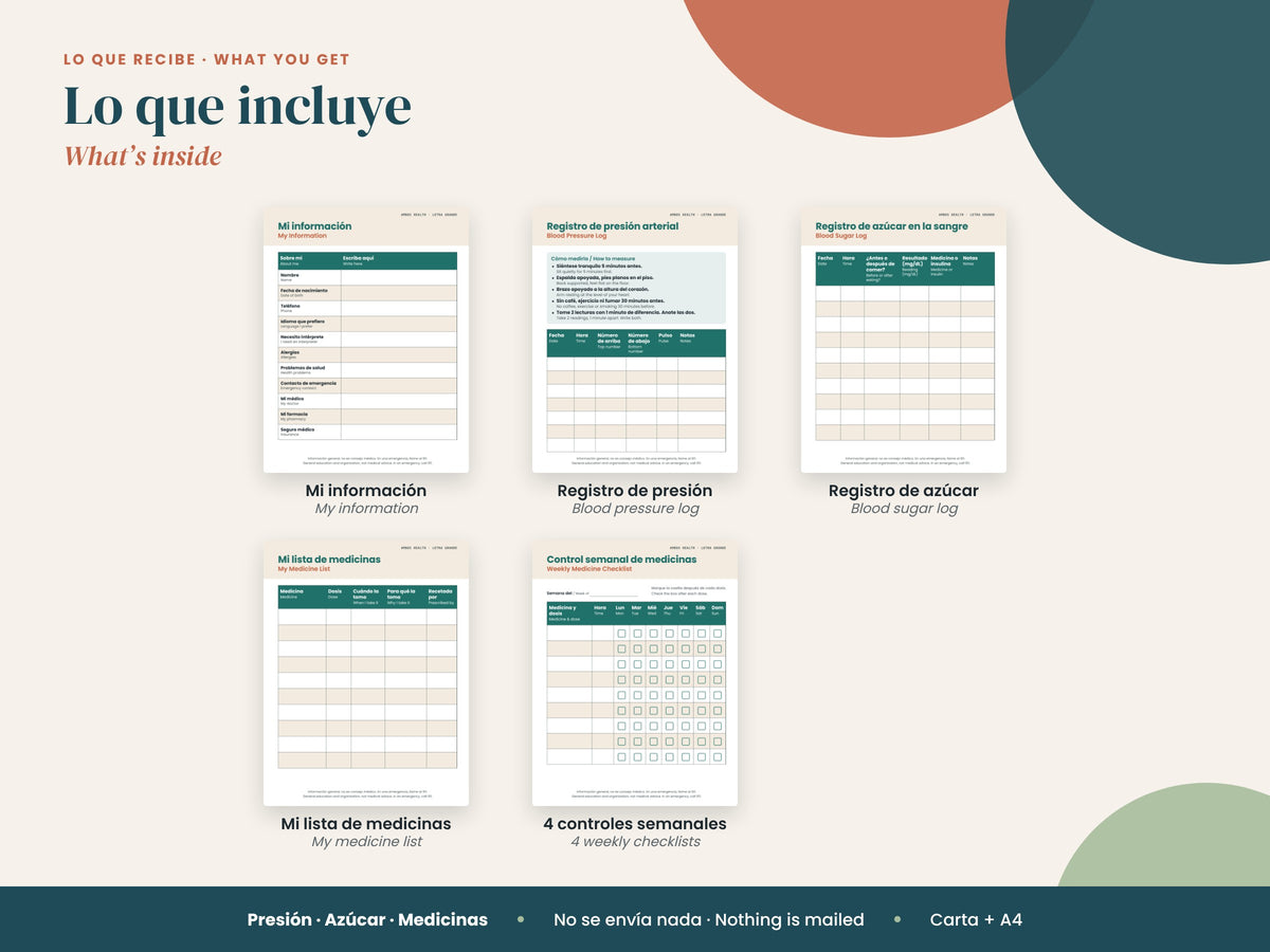 Registros en Letra Grande: what's included: presión, azúcar y medicinas trackers, English and Spanish