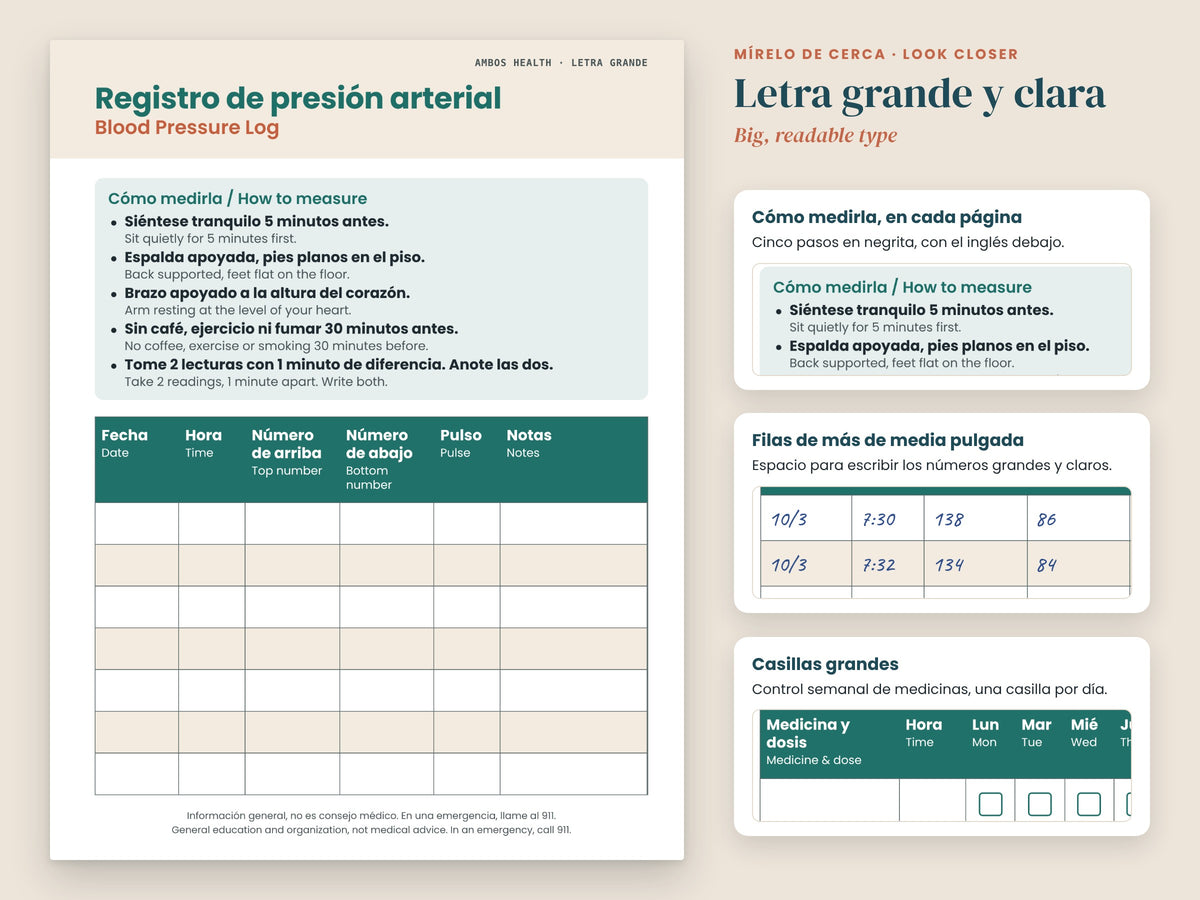 Registros en Letra Grande: close-up of Spanish-first labels with English below, English and Spanish