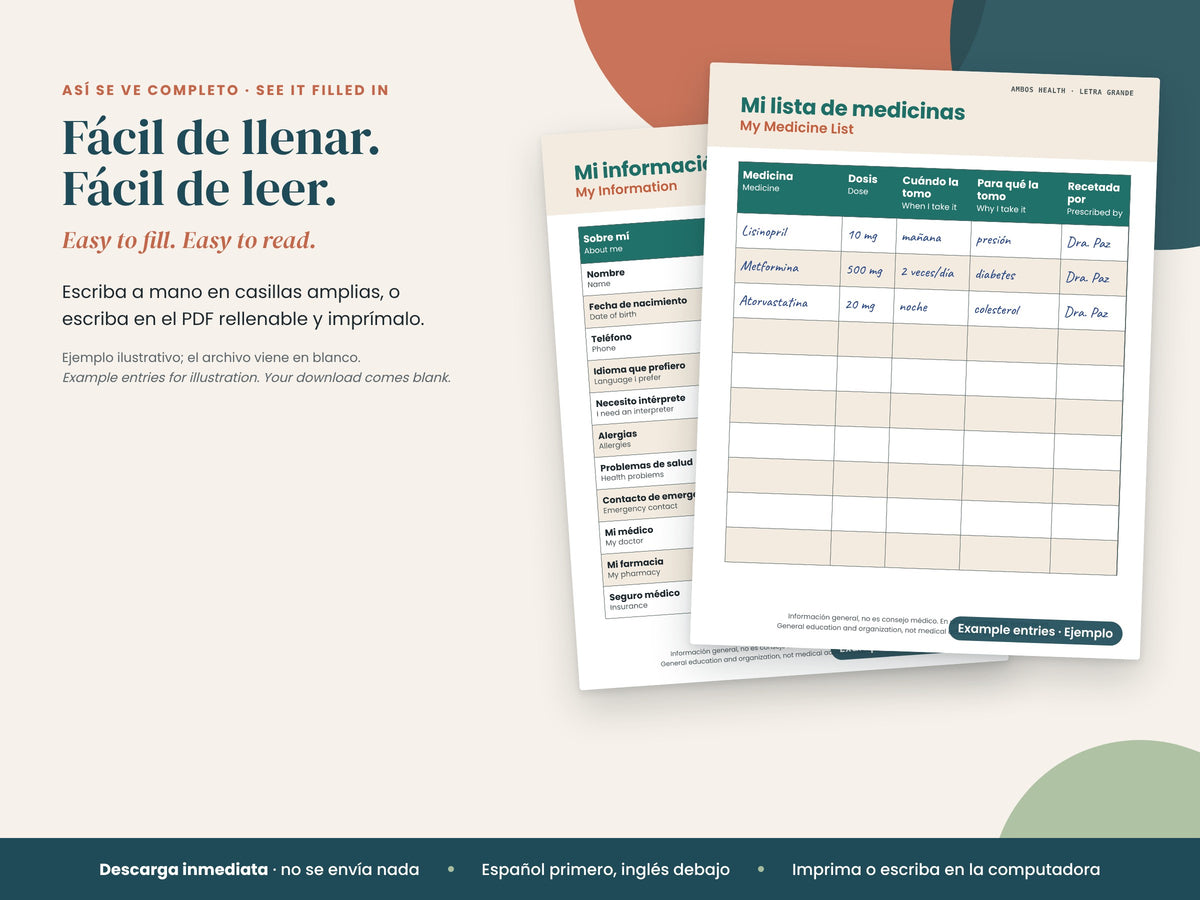 Registros en Letra Grande: large print log filled in with sample readings, English and Spanish
