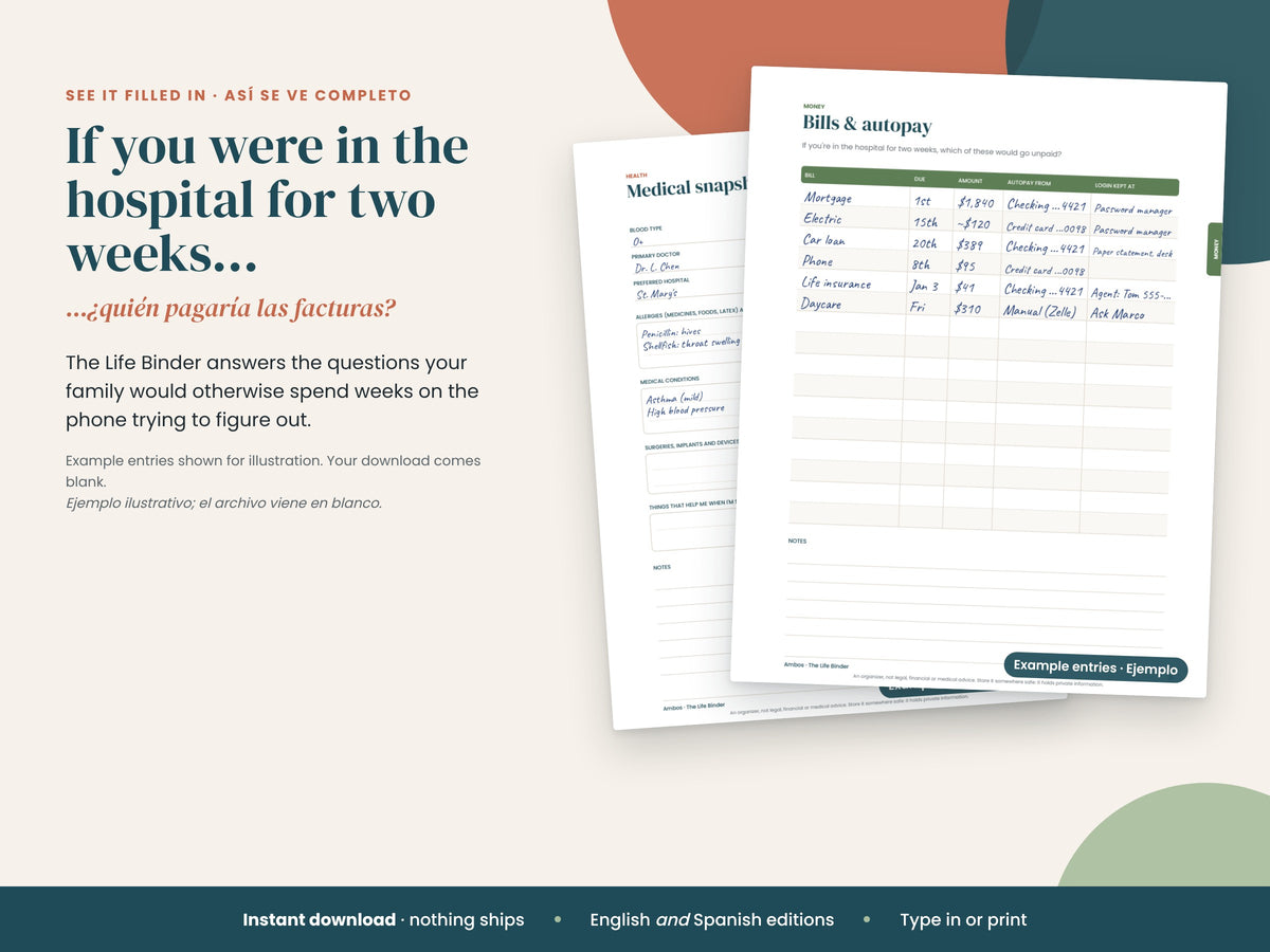 Example of The Life Binder filled in with sample entries