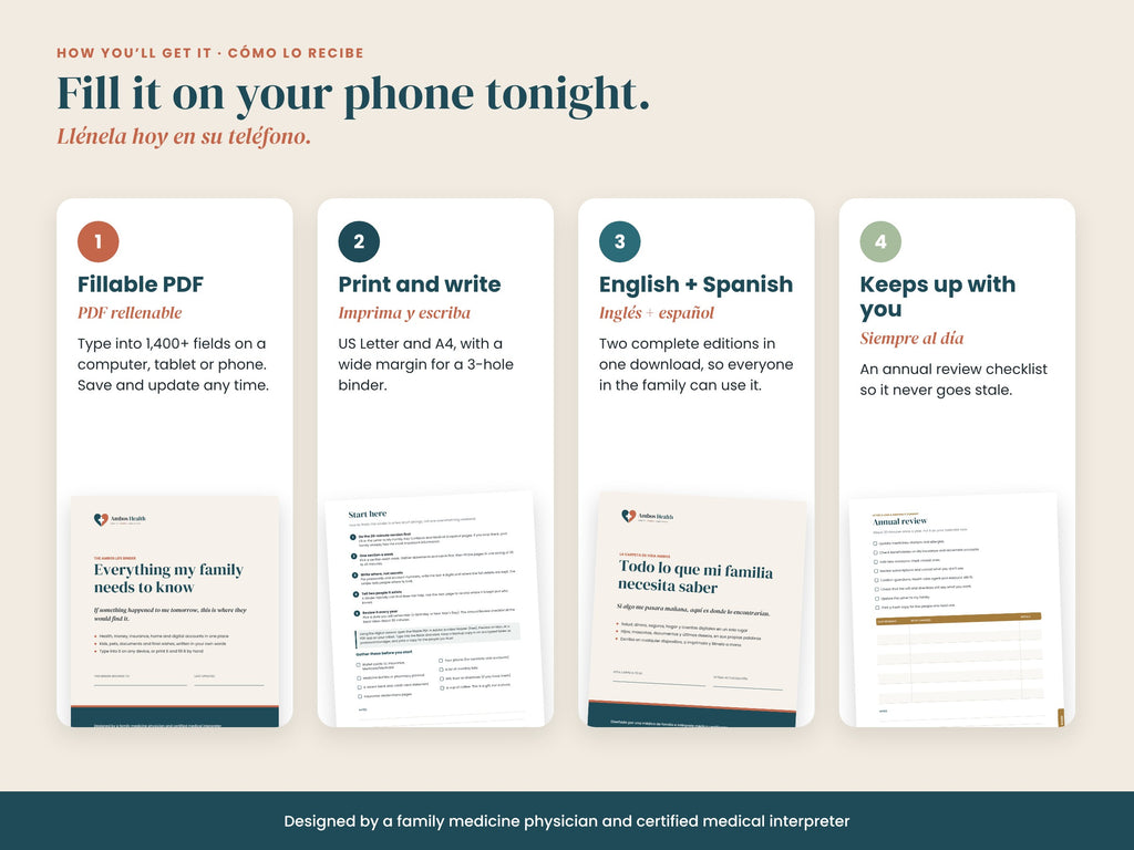 The Life Binder formats: fillable PDF, printable Letter and A4, English and Spanish