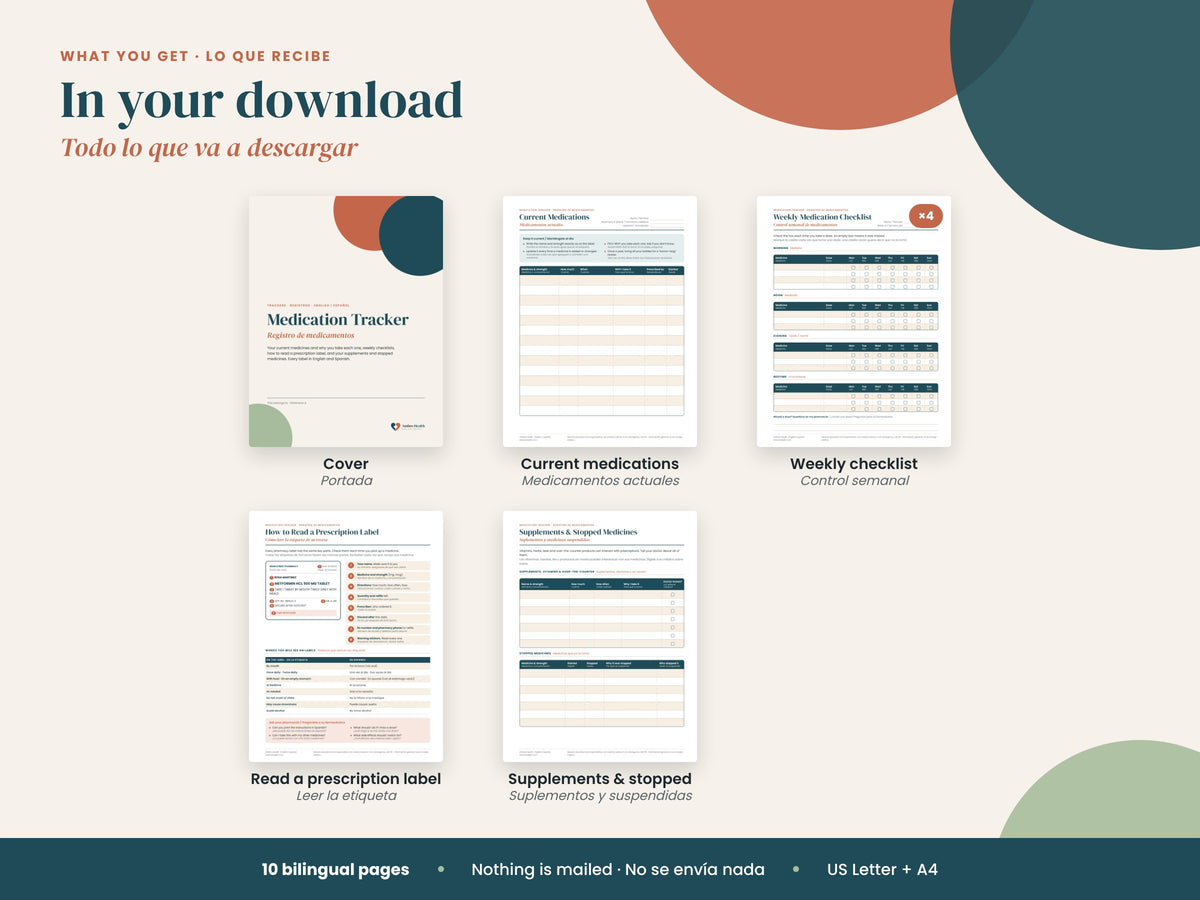 Medication Tracker: what's included: 10 pages incl. med list and weekly checklists, English and Spanish