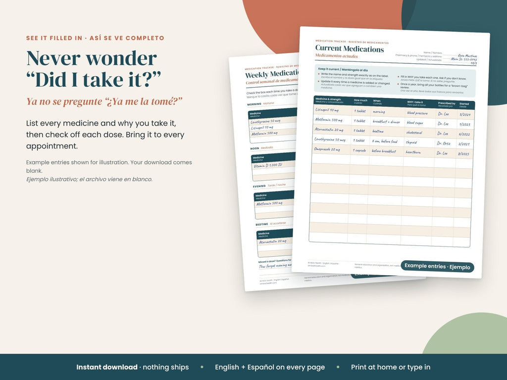Medication Tracker: medication list filled in with sample medicines, English and Spanish