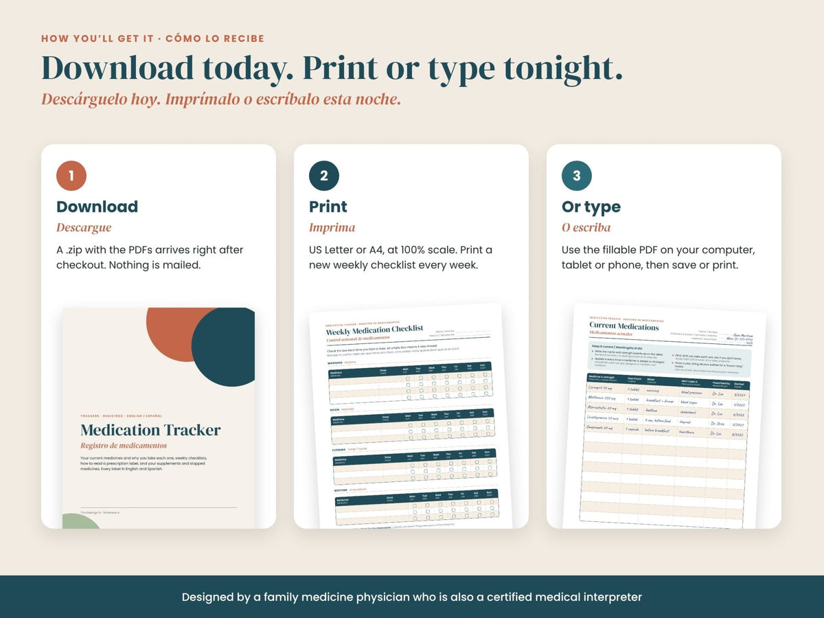 Medication Tracker: download, print or type: Letter, A4 and fillable PDF, English and Spanish