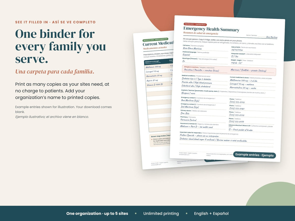 Multi-Site License: sample patient emergency summary filled in, English and Spanish