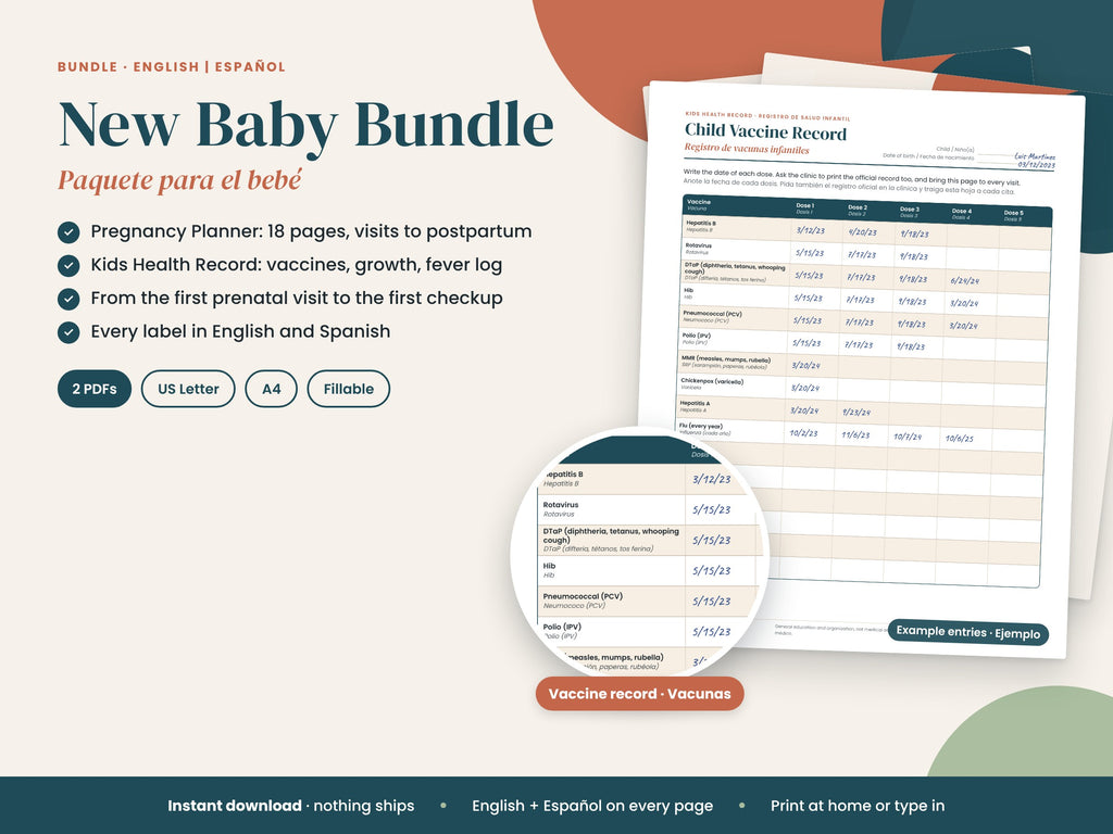 New Baby Bundle: pregnancy planner and kids health record, English and Spanish