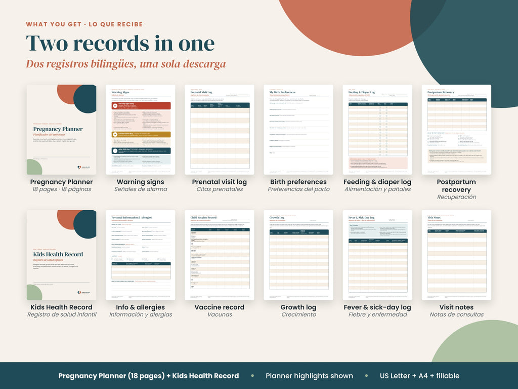 New Baby Bundle: what's included: 18-page planner plus kids record, English and Spanish