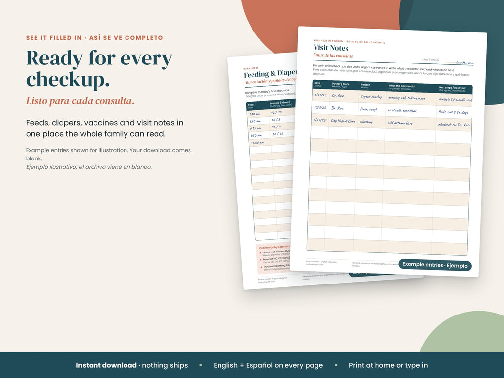 New Baby Bundle: newborn feeding log filled in with sample entries, English and Spanish