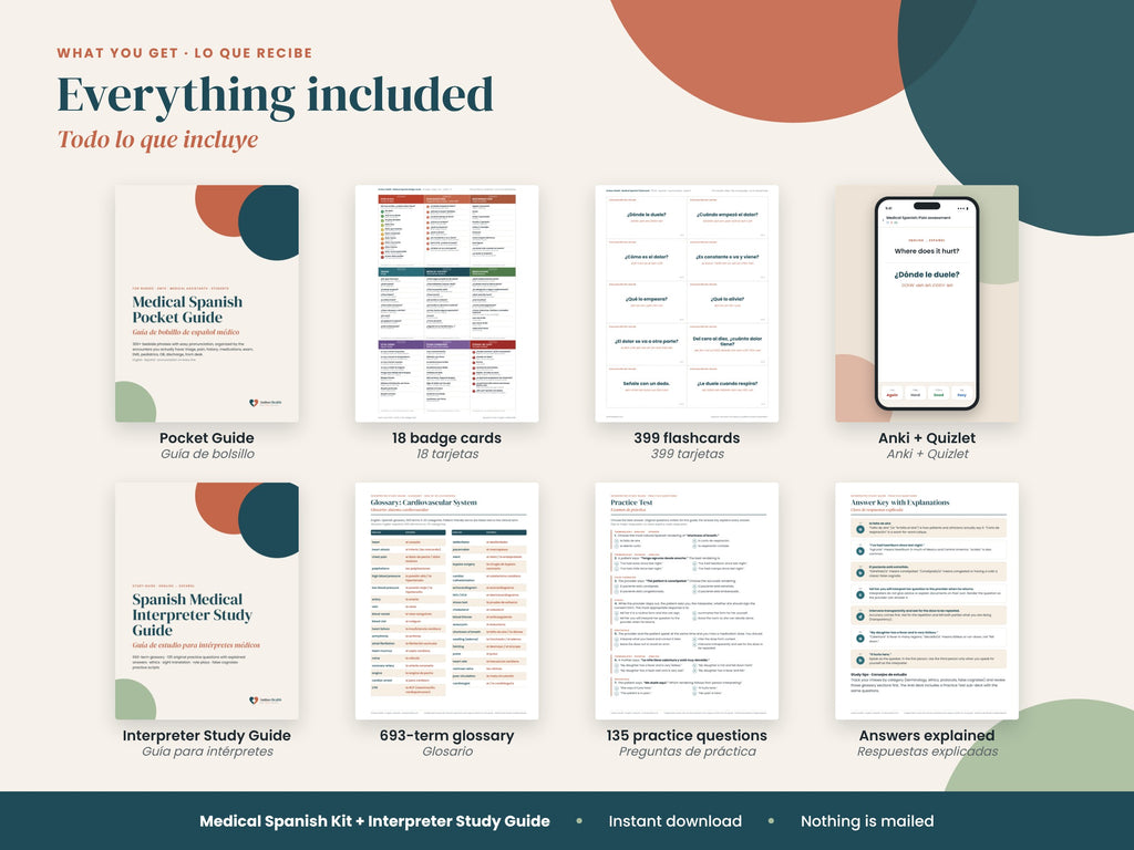 Nursing Student Medical Spanish Starter: what's included: guide, badge cards, flashcards, glossary, English and Spanish
