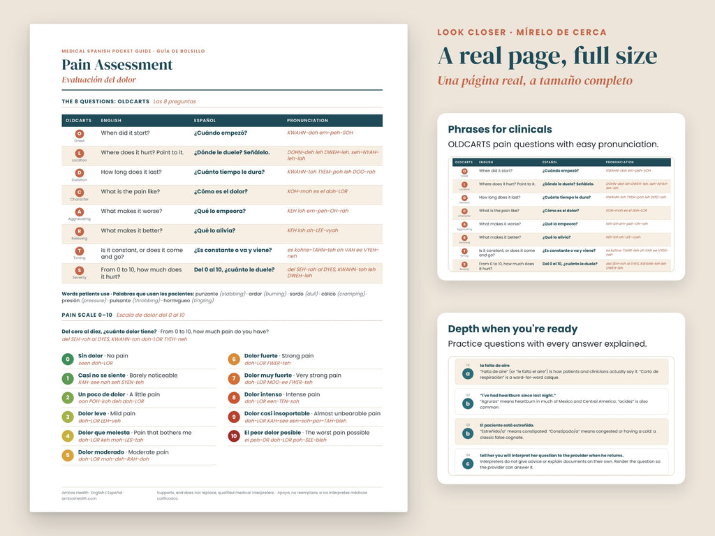 Nursing Student Medical Spanish Starter: close-up of badge cards and glossary pages, English and Spanish