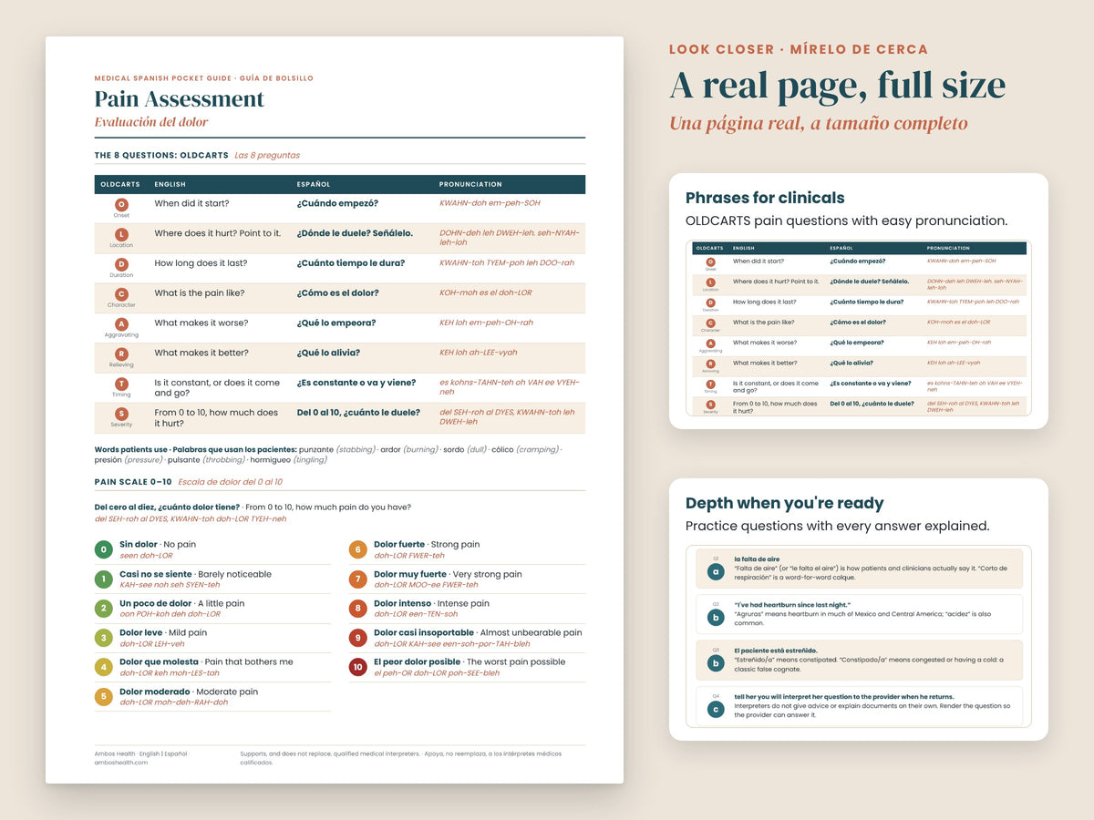 Nursing Student Medical Spanish Starter: close-up of badge cards and glossary pages, English and Spanish