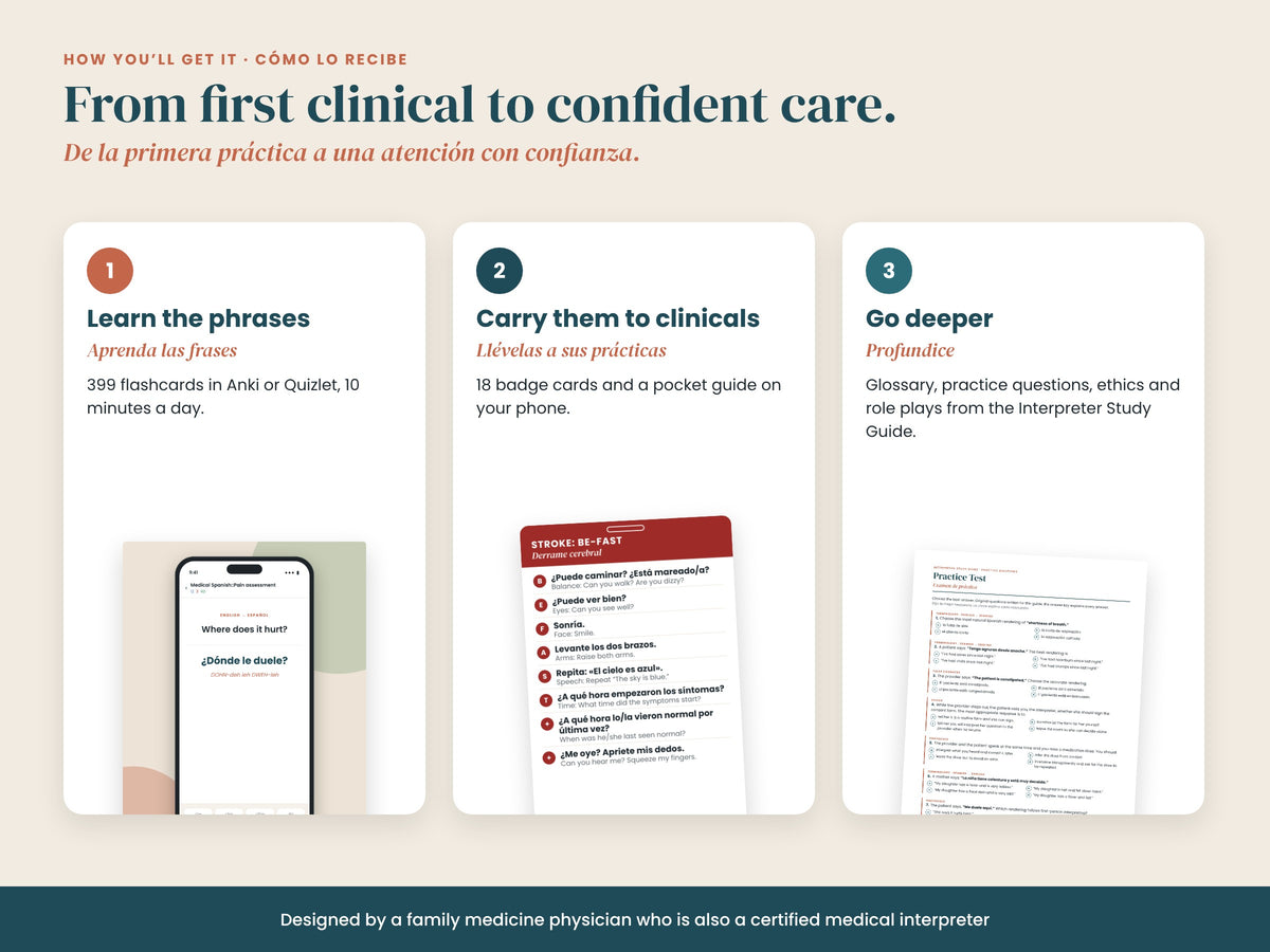 Nursing Student Medical Spanish Starter: formats: PDFs, digital decks and printable cards, English and Spanish
