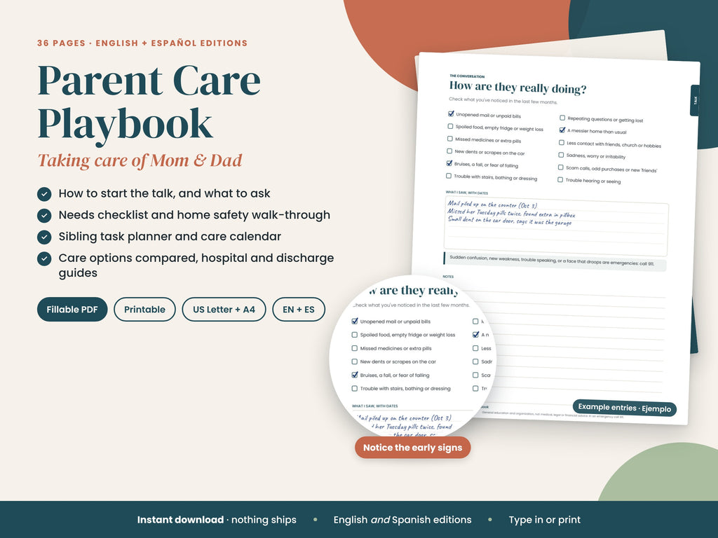 The Parent Care Playbook: cover and a sample filled page, English and Spanish editions