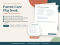 The Parent Care Playbook: cover and a sample filled page, English and Spanish editions
