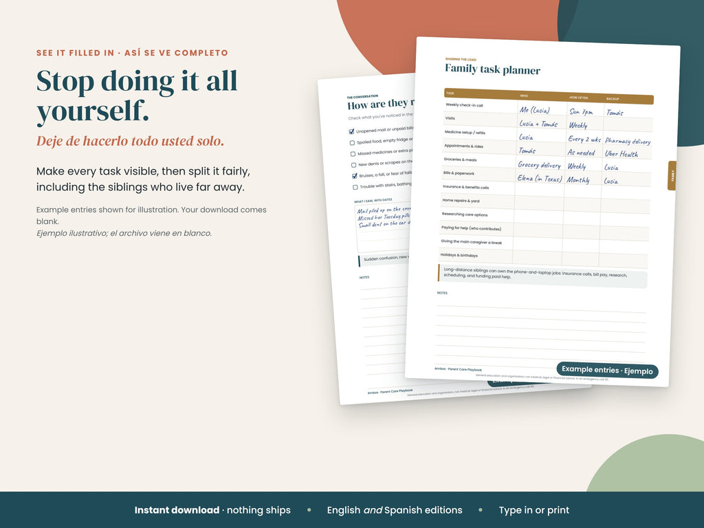 Example of The Parent Care Playbook filled in with sample entries