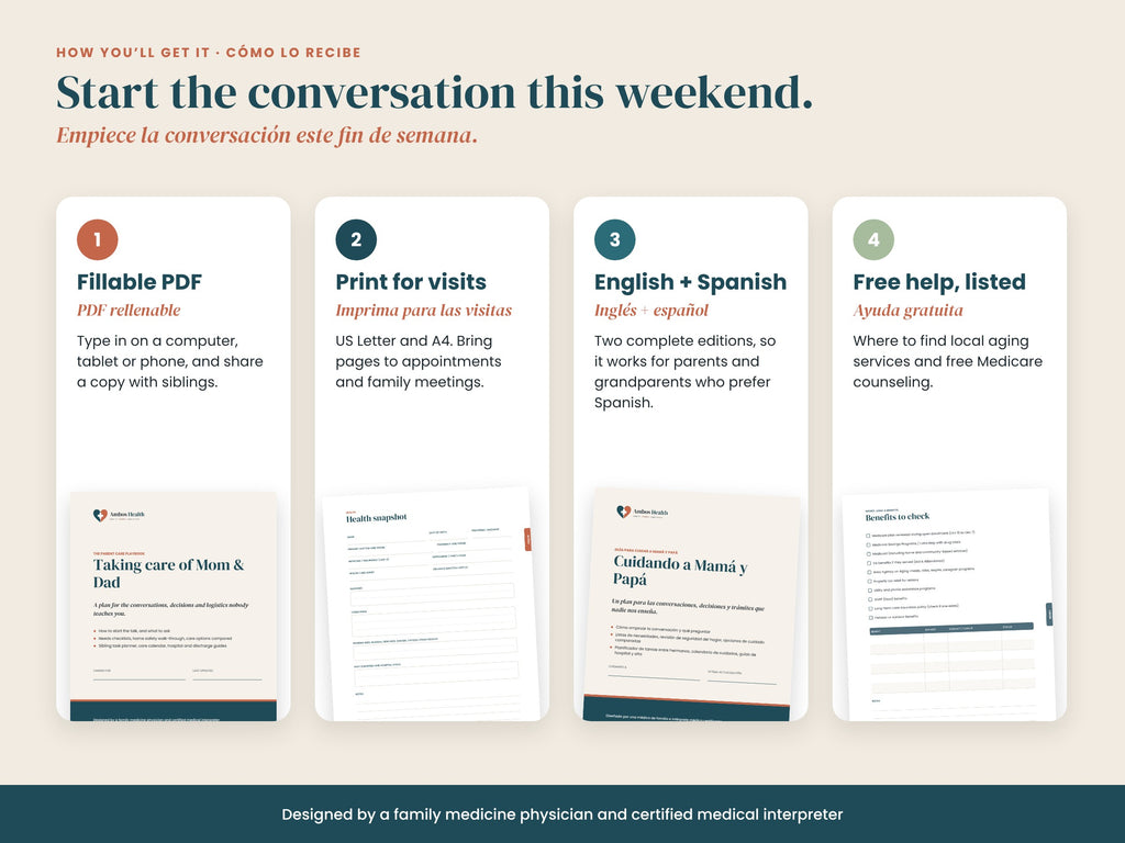 The Parent Care Playbook formats: fillable PDF, printable Letter and A4, English and Spanish