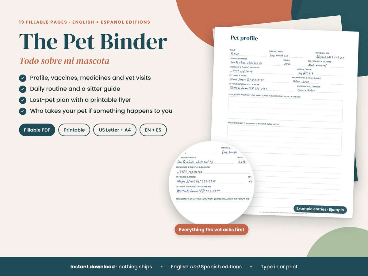 The Pet Binder, a fillable bilingual pet care organizer, showing the pet profile page with example entries