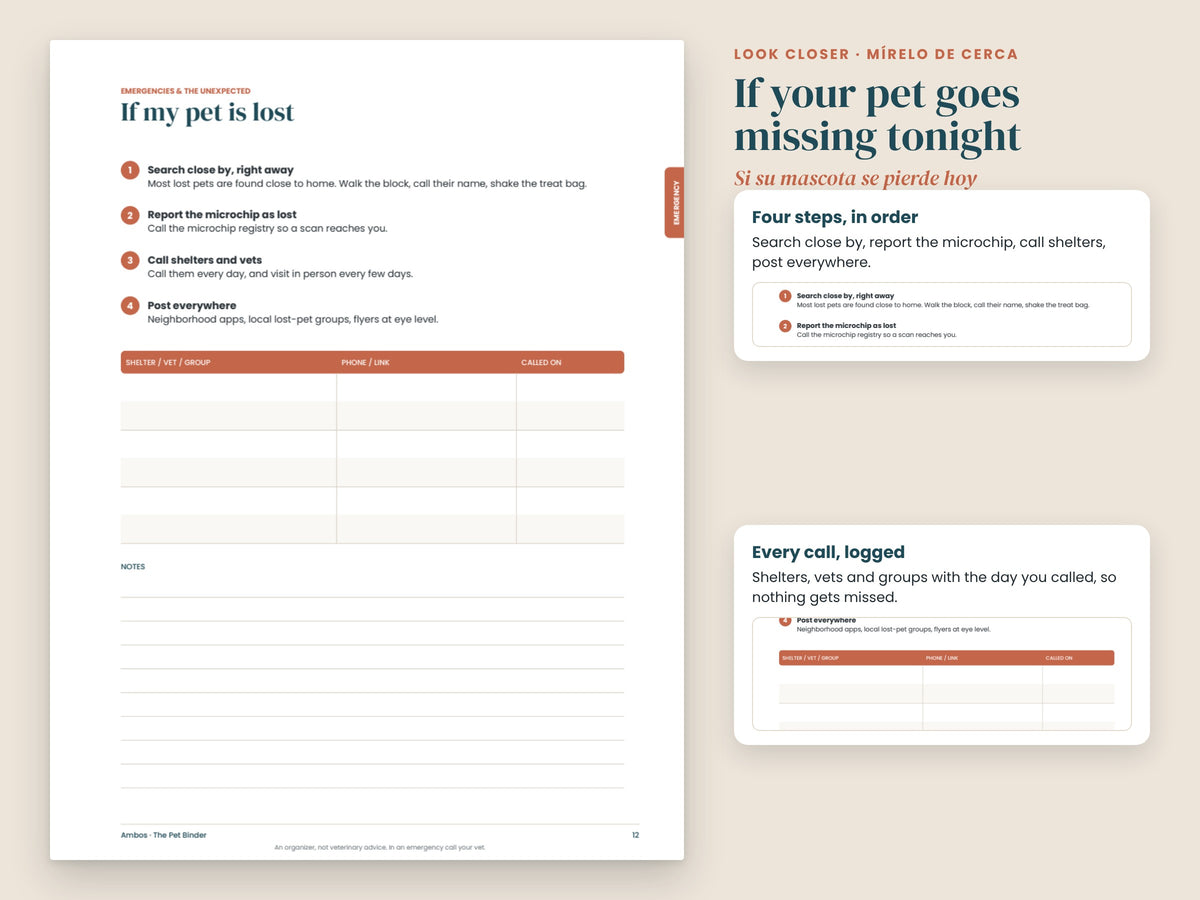 Close-up of the If my pet is lost page with four steps and a call log