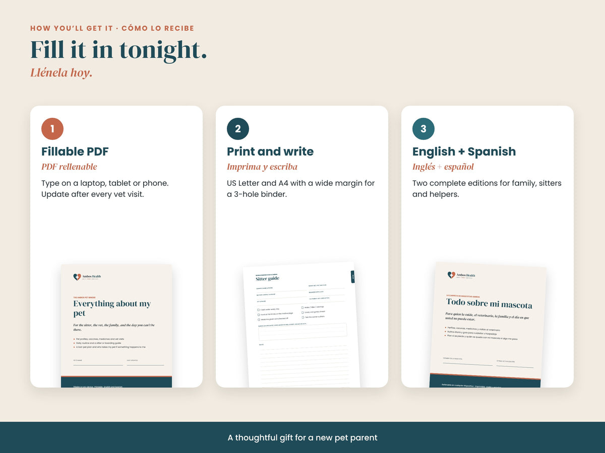 Fillable PDF, printable Letter and A4, English and Spanish editions