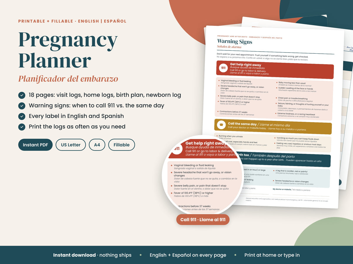 Pregnancy Planner: 18-page prenatal tracker pages, English and Spanish