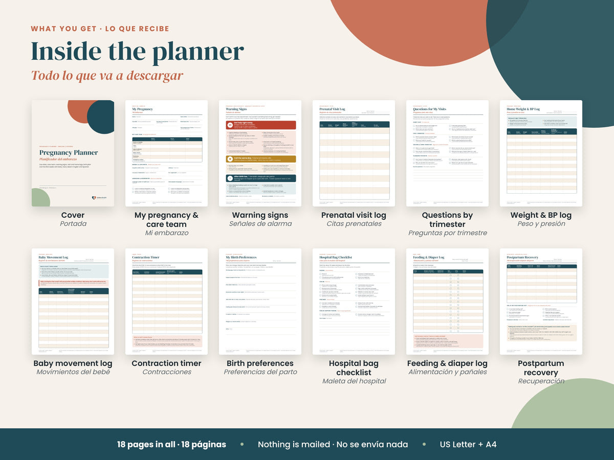 Pregnancy Planner: what's included: visit log, warning signs, birth plan, newborn log, English and Spanish
