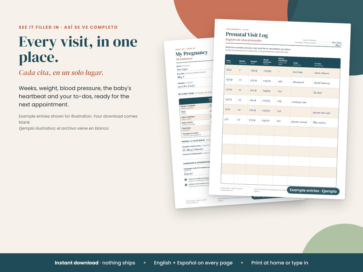Pregnancy Planner: baby movement log filled in with sample entries, English and Spanish