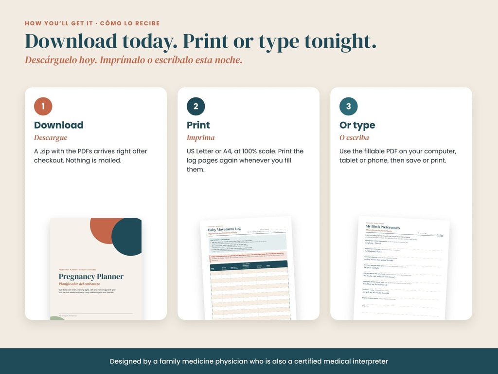 Kit de Embarazo y Parto: descargue, imprima o escriba: tamaño carta, A4 y PDF rellenable, en español e inglés