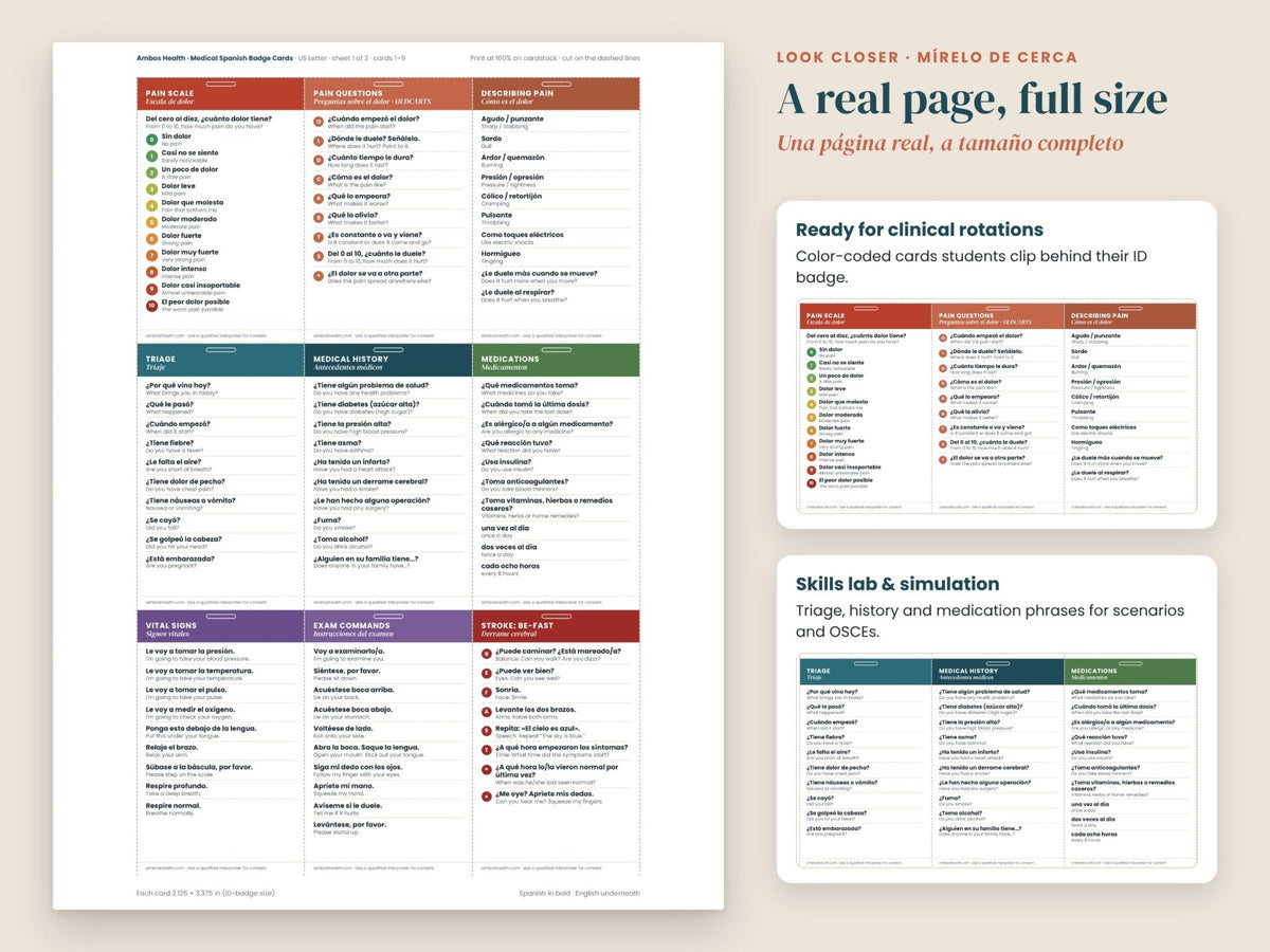 Medical Spanish Program License: close-up of badge cards for clinical rotations, English and Spanish