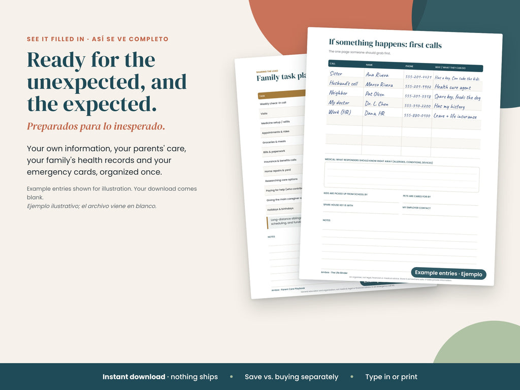 Example pages from the Family Readiness Collection filled in with sample entries