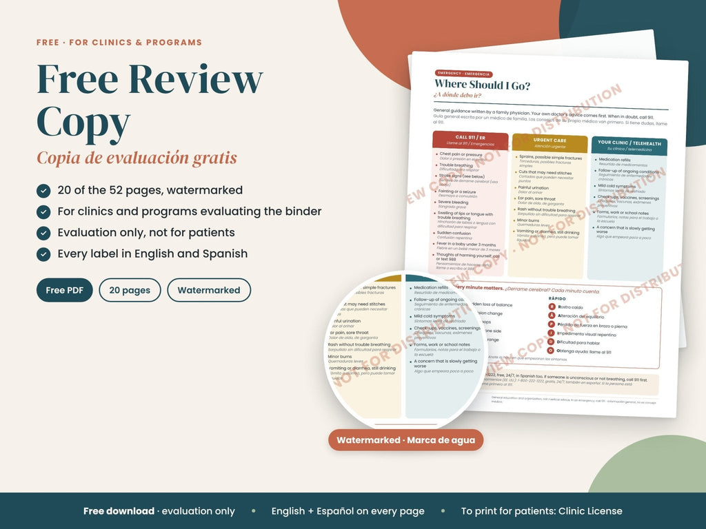 Free Review Copy Patient Binder: watermarked sample pages for clinics, English and Spanish