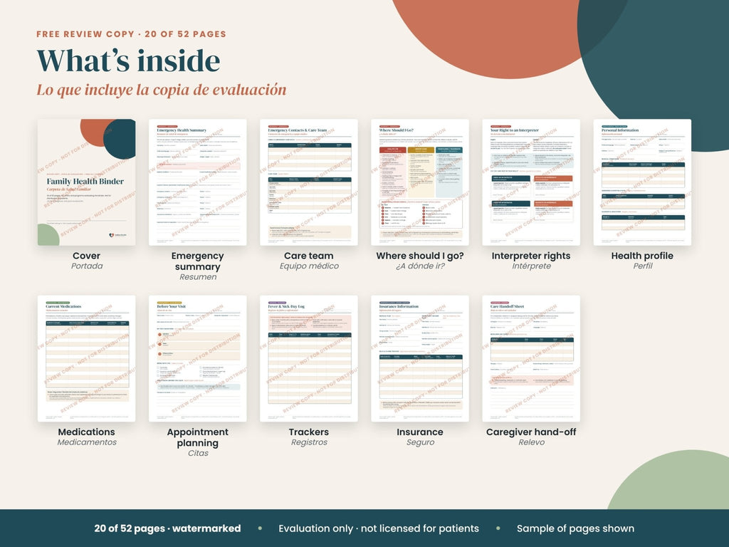 Free Review Copy Patient Binder: what's included: watermarked evaluation pages, English and Spanish