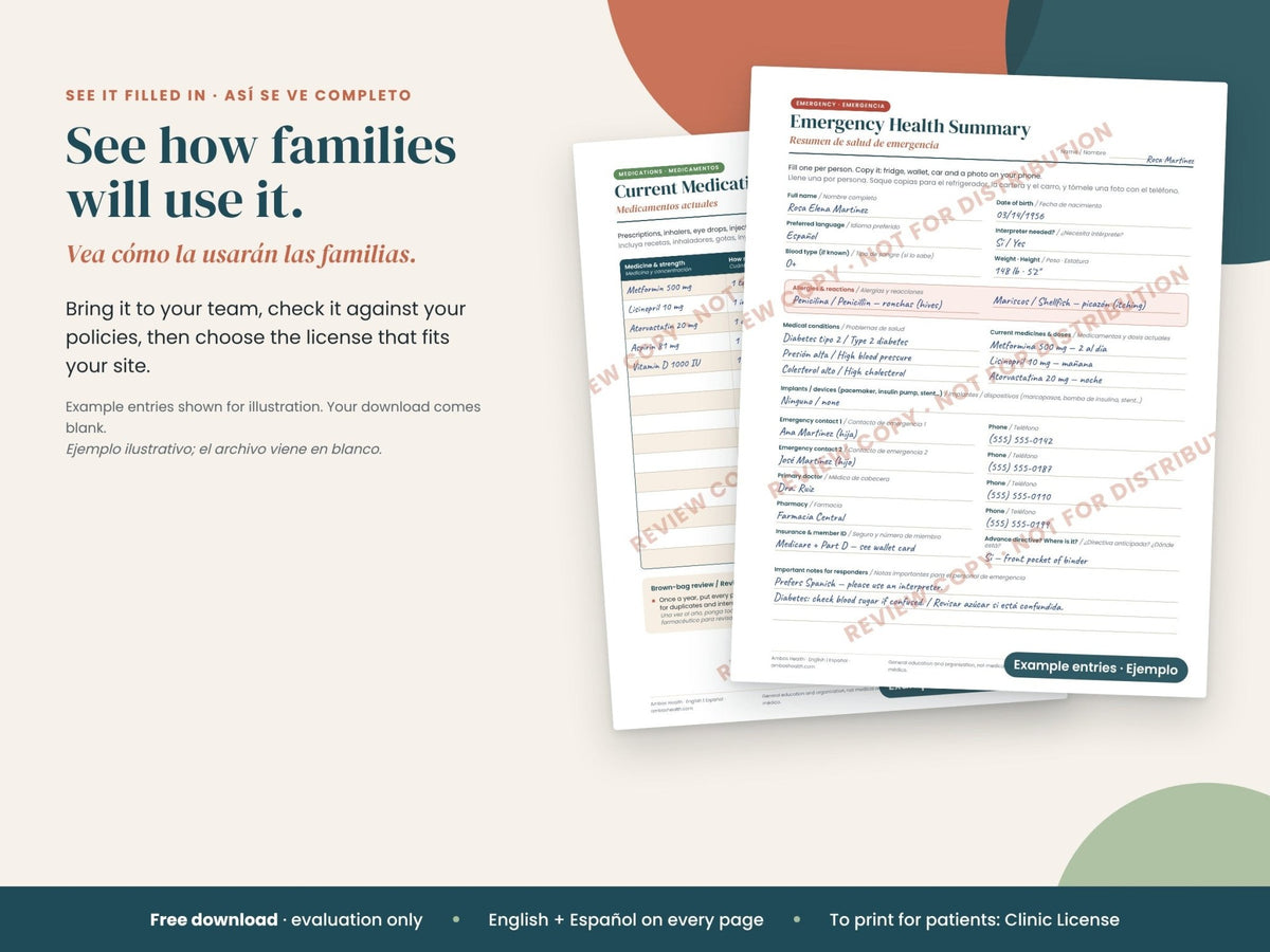 Free Review Copy Patient Binder: sample filled page in the review copy, English and Spanish